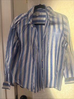 Woman's Touch Apparel Blue and White Vertical Stripe Button-Down Shirt